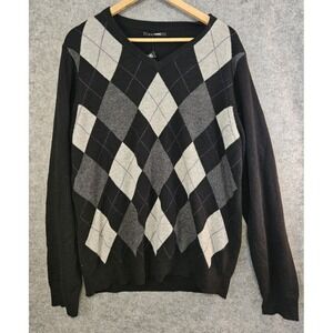 Apt. 9 Men's XL Cashmere Argyle Sweater Black Gray V Neck Preppy Y2K Kohls NEW